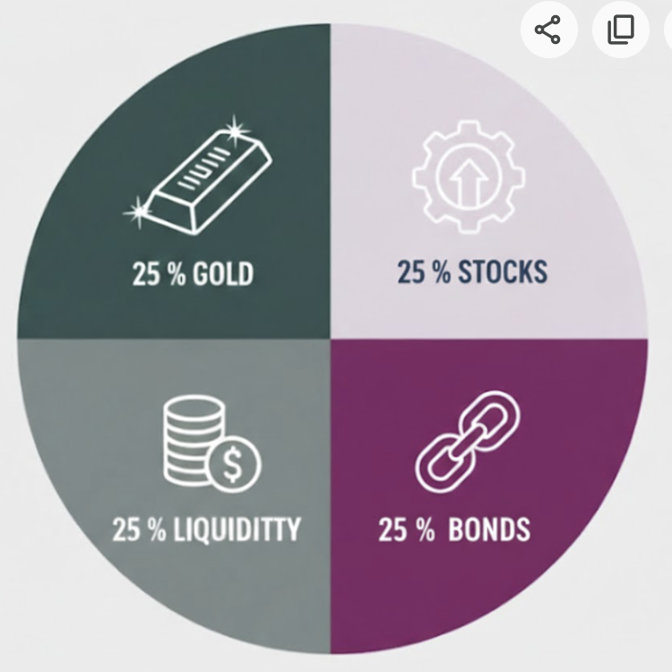 Diversification of Investments 25% stocks, bonds, liqudity, gold