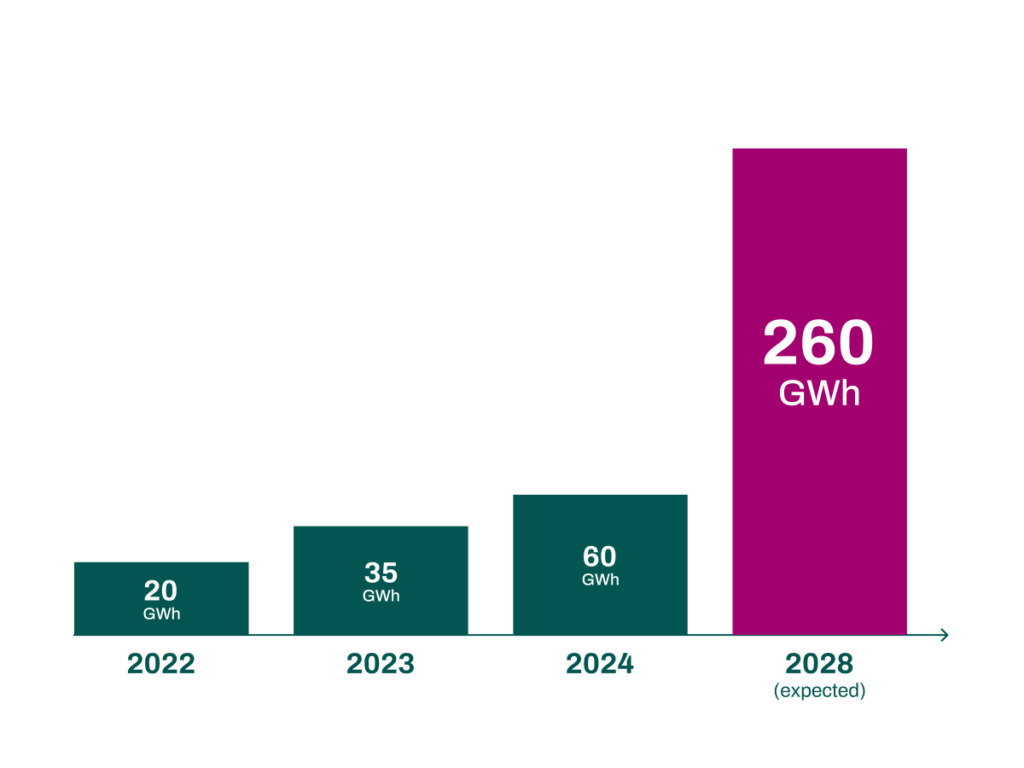 Installed and expected total capacity of large-scale battery storage systems in Europe. Initial value at the end of 2023: 35.9 GWh; forecasts according to the European Market Outlook for Battery Storage 2024-2028 (SolarPower Europe, medium scenario) show an increase to around 260 GWh by the end of 2028. Data status: April 2025. 

(Source: SolarPower Europe, European Market Outlook for Battery Storage 2024-2028 & Pressemitteilung vom 11.06.2024 (Medium-Szenario).